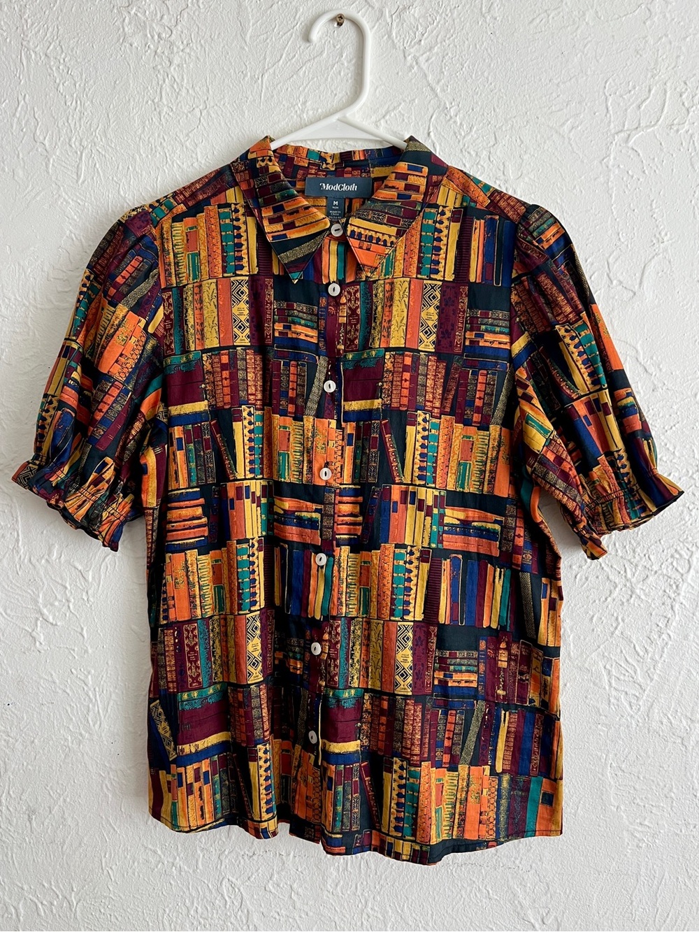 ModCloth Book Print Brighter Days Puff Sleeve Blouse